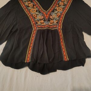 American Eagle Outfitters Black Blouse with Colorful Embroidery